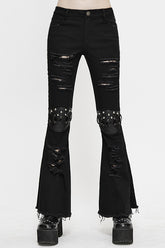 Black Punk Nailed Knee Cutoff Bellbottomed Womens Pants